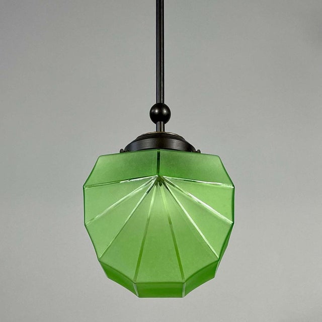 Swedish Green Uranium Glass and Burnished Brass Pendant from Böhlmarks, 1930s For Sale - Image 4 of 18