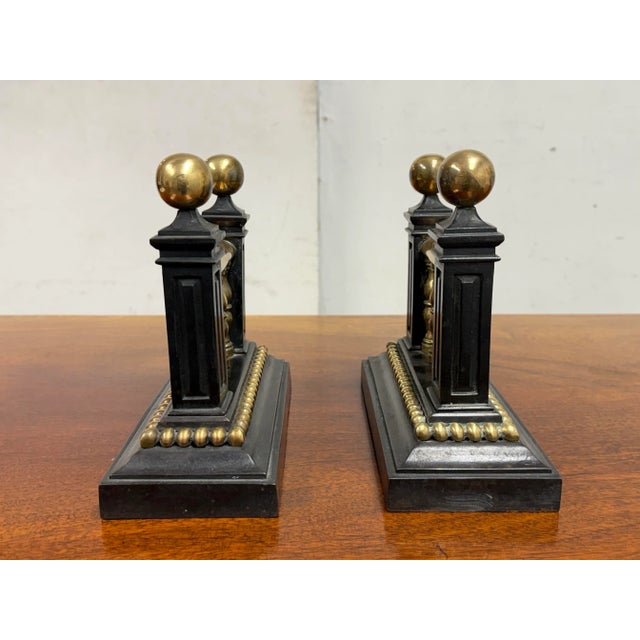 Early 20th Century Antique Heavy Casted Iron + Brass Fire Dogs, Pair For Sale - Image 5 of 12