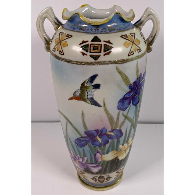 Ceramic Antique Japanese Hand-Painted Porcelain Vase With Birds & Iris Flowers, Jeweled Gilt Decoration For Sale - Image 7 of 14