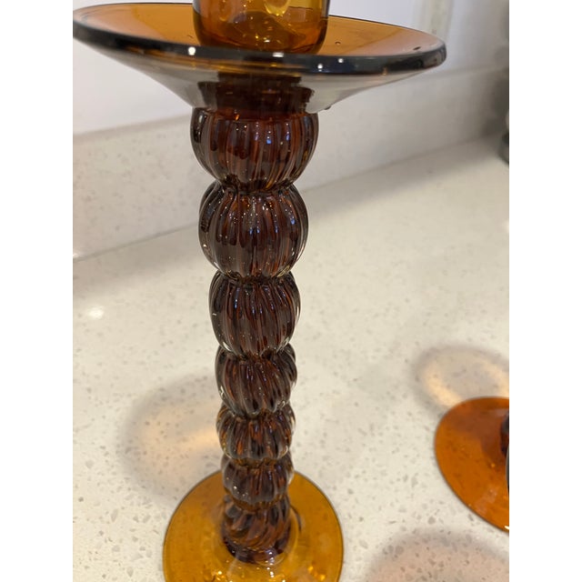 Glass Set of Three Amber Colored Glass Candlesticks For Sale - Image 7 of 7