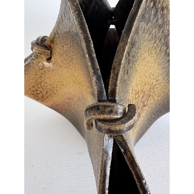 Vintage Studio Pottery Faux Leather Folded Vessel with Ties Offered for sale is a well-crafted studio pottery vessel...