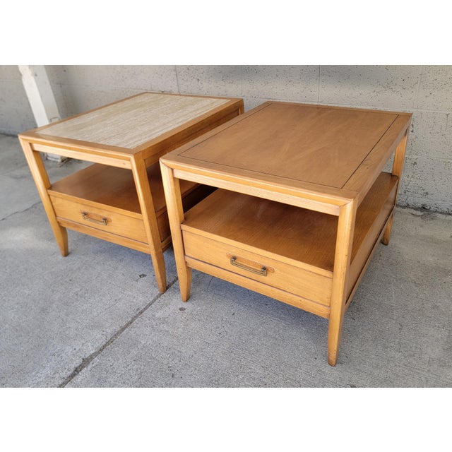 Drexel Drexel End Tables With Travertine / Marble Top a Pair For Sale - Image 4 of 14