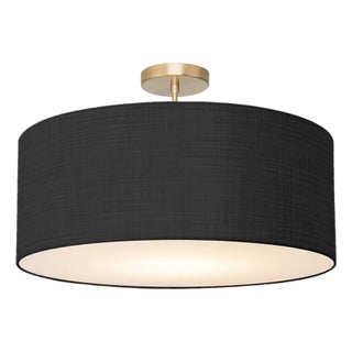 Stretch Semi Flush Mount, Black Linen Shade, Weathered Brass For Sale