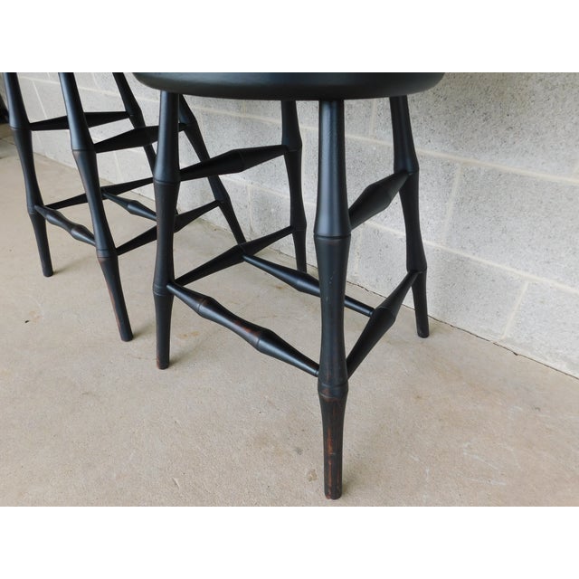 Custom Black Distressed Hoop Back Windsor Style Counter Height Stools - A Pair For Sale - Image 10 of 17