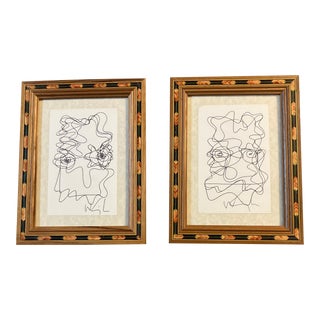 1980’s 2 Abstract Wayne Cunningham Ink Drawings Tabletop Inlaid Wood Frames-A Pair For Sale