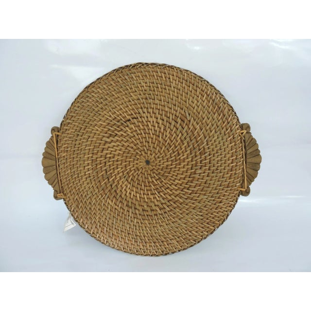 Shabby Chic Large Vintage Hapao Rattan Circular Storage or Display Basket / Tray With Hand Carved Wood Handles For Sale - Image 3 of 5