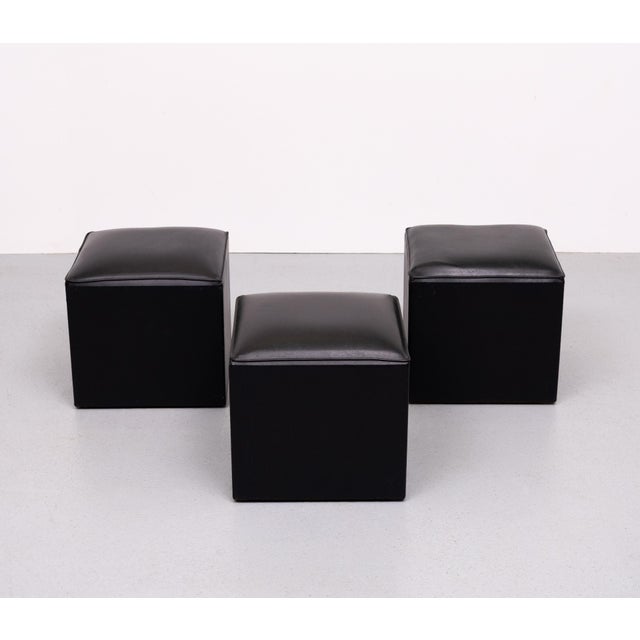 Mid-Century Modern Black Faux Leather Cube Ottomans, Holland, 1960s, Set of 3 For Sale - Image 3 of 9