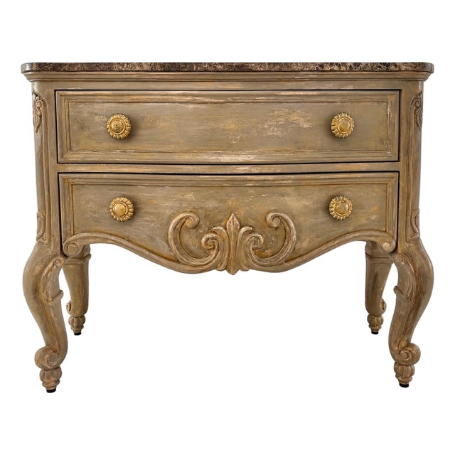 French Marble Top Commode – Hand Carved Walnut & Gold Patina Chest For Sale