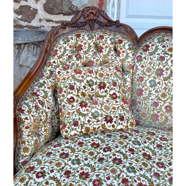 Antique Victorian Walnut Serpentine Cream Floral Upholstered Sofa For Sale - Image 10 of 11
