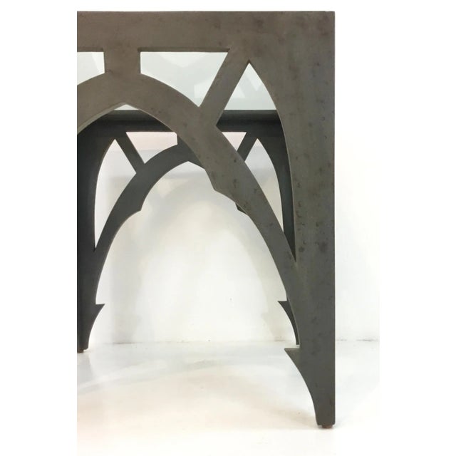 Stylish modern Currey & Co. gray Esteban side table, glass top showroom floor sample, original retail $1176