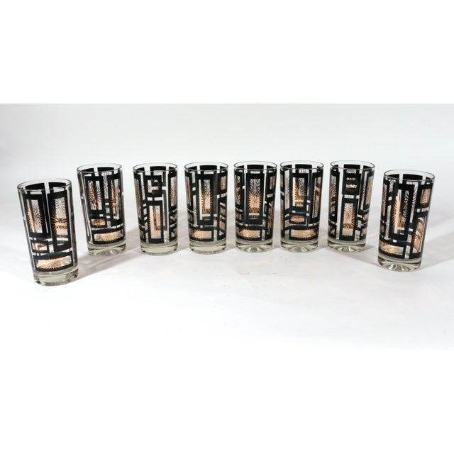 1950s Mid-Century Modern Black and Gold Atomic Starburst Highball Glasses in Holder, Set of Eight - 9 pcs For Sale - Image 17 of 17