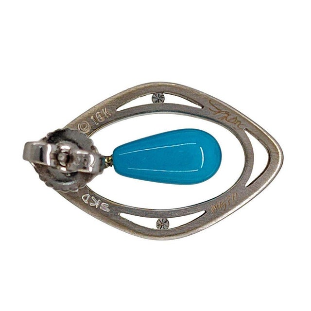 Contemporary 18kw Turquoise Drop Floating Diamond Earrings, Pair For Sale - Image 3 of 4