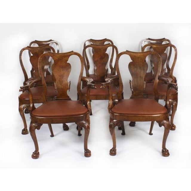 Antique Queen Anne Revival Burr Walnut Dining Table and Chairs, 19th Century, Set of 9 For Sale - Image 15 of 18