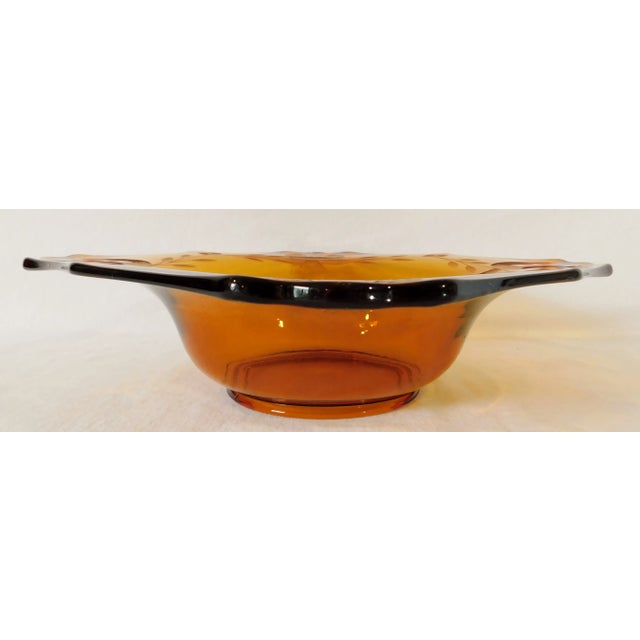 Elegant Vintage Mid Century Etched and Scalloped Amber Glass Serving Bowl For Sale - Image 4 of 6