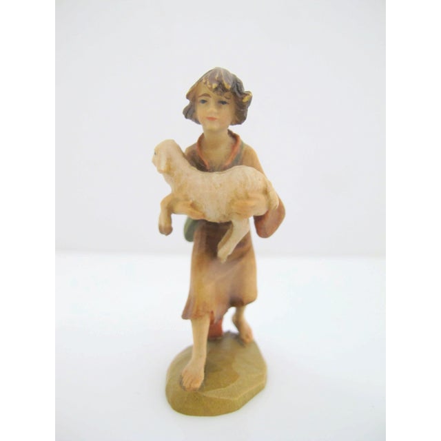 Anri Italy Ulrich Bernardi hand carved and meticulously hand painted, nativity figurine of Shepherd boy holding a lamb, 4"...