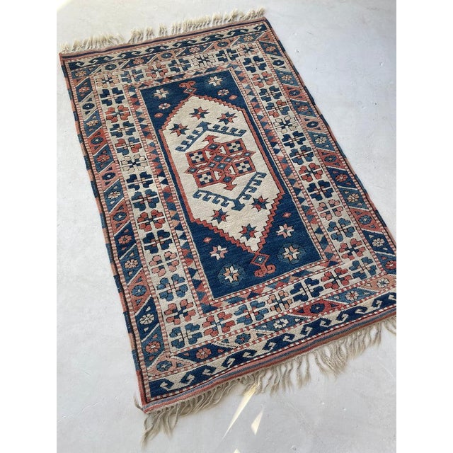 Vintage Turkish Navy, Blush, Apricot, Soft Salmon, Beige with Braided Fringe Rug 3.5 x 5.8 For Sale - Image 10 of 10