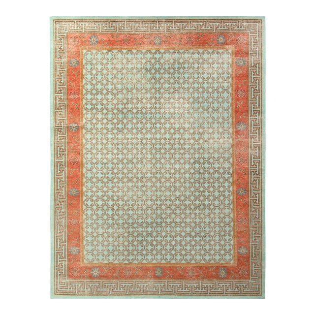 Rug & Kilim’s Oversized Border Rug in Mint and Rust, 13x19 For Sale