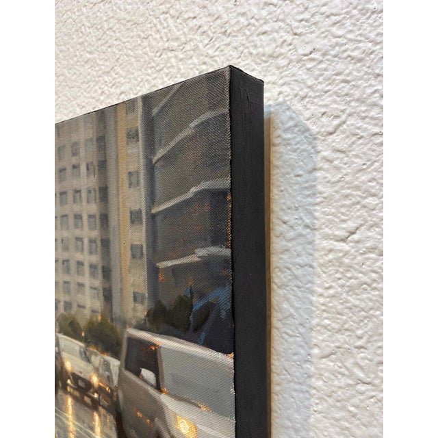 Realism Yellow Raincoat Study by Joevic Yeban | Oil Painting of a figure in a yellow raincoat in the city. For Sale - Image 3 of 3