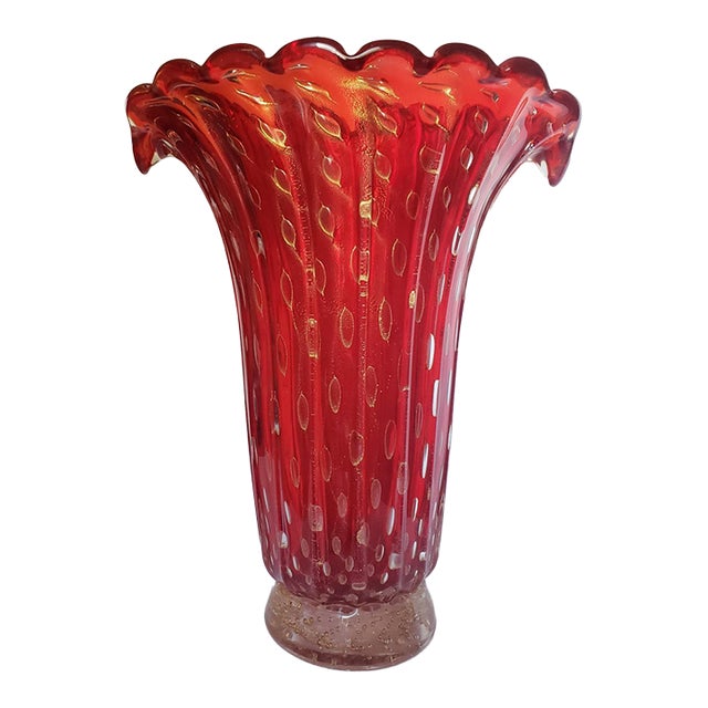 Vintage Murano Glass Vase Bullicante Red Gold Attr Barovier Toso For Sale