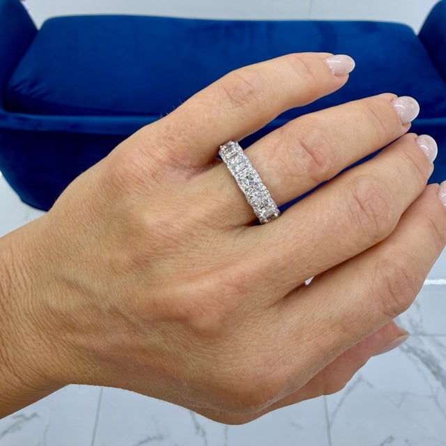 Silver Platinum 5.34ct Diamond Cushion Cut Round Pave Halo Diamond Eternity Band Ring, Size 7.5 For Sale - Image 8 of 8