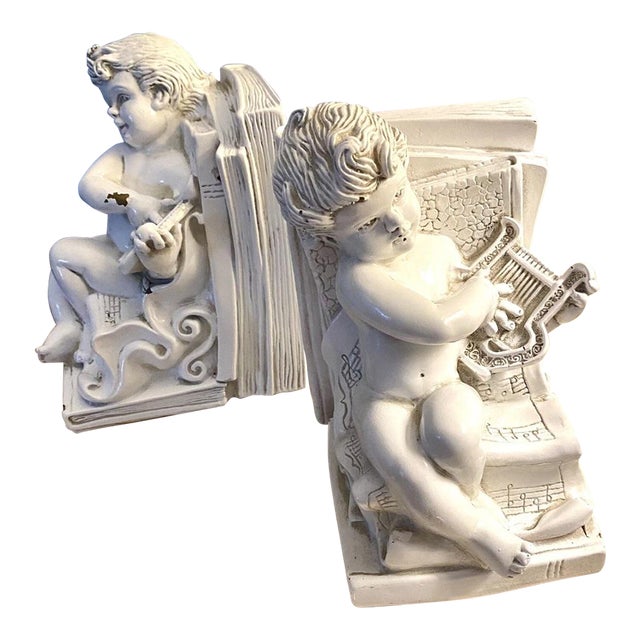Vintage American Neoclassical Putti Lyre and Flute Bookends, Set of 2 For Sale