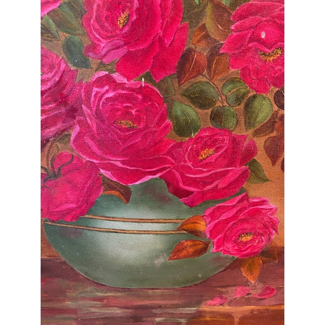 Textile Vintage Still Life of a Pink Floral Arrangement Painting For Sale - Image 7 of 11