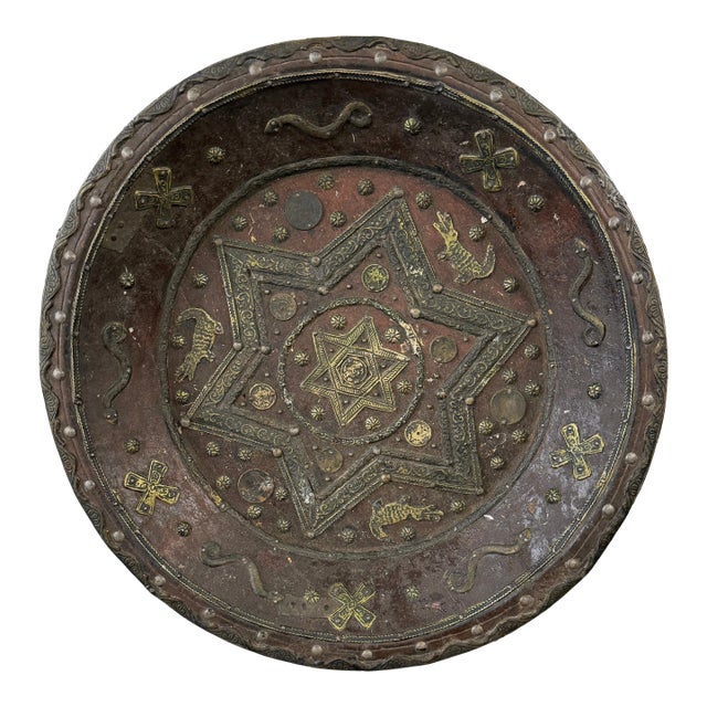 North African Brass Copper Wood Tuareg Large Charger For Sale