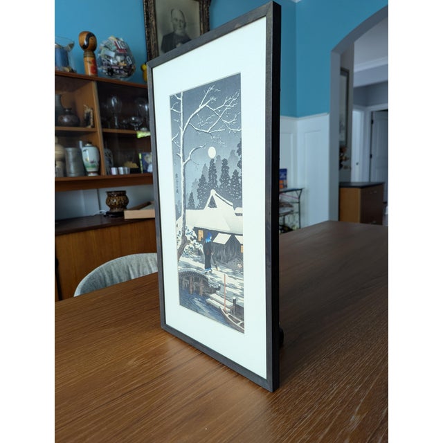 Vintage Takahashi Shōtei (Hiroaki) Woodblock Print "Snowy Night With a Hazy Moon" For Sale - Image 4 of 7