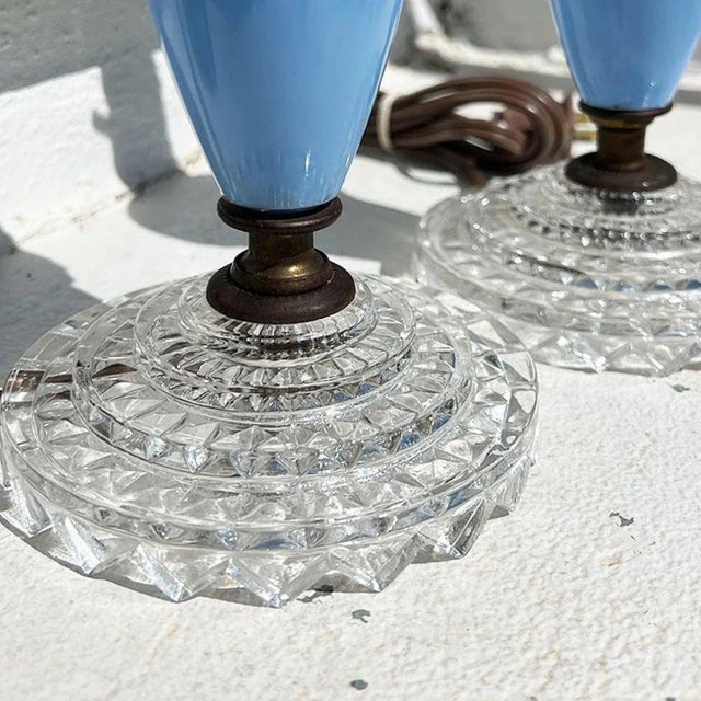 Early 20th Century Early 20th Century Two Petite Art Deco Blue Cut Glass Table Lamps - A Pair For Sale - Image 5 of 5