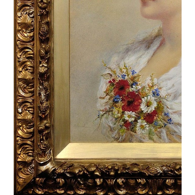 Alice Anne Renshaw, Young Lady with Summer Meadow Flowers in Her Straw Hat, Watercolour & Gouache Painting, 1800s, Framed For Sale - Image 7 of 18
