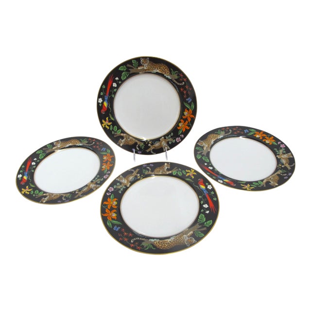 Lynn Chase 1988 Safari Jaguar Jungle Cat 24 Karat 10 7/8" Dinner Plate Set of 4 For Sale