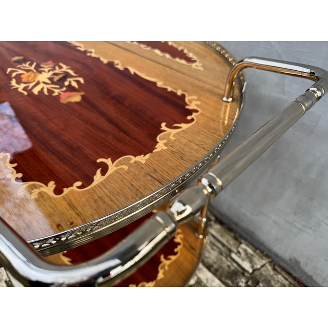 Vintage Brass and Marquetry Bar Cart, Italian Style Drinks Trolley with Folding Leaves, 1960s, 1970s For Sale - Image 16 of 18