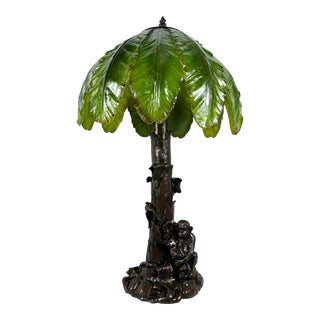 Late 20th Monkey Table Lamp With Banana Leaves Shade For Sale