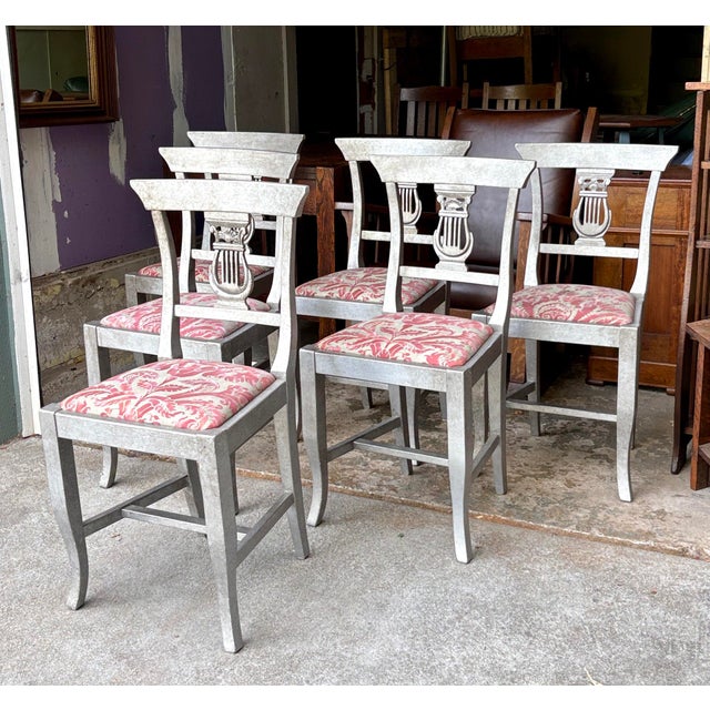 1980s Silvered Lyre Back Dining Chairs Fabric Attributed to Fortuny For Sale - Image 4 of 12