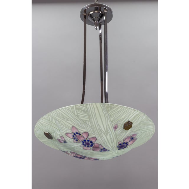 Art Deco French Floral Glass and Chrome Pendant Light from Loys Lucha, 1930s For Sale - Image 4 of 18