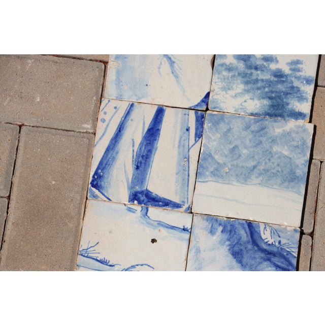 Ceramic 18th Century Portuguese Hand-Painted Baroque Landscape Tiles Featuring Figure Drapery & Scenic Elements, Set of 6 For Sale - Image 7 of 9