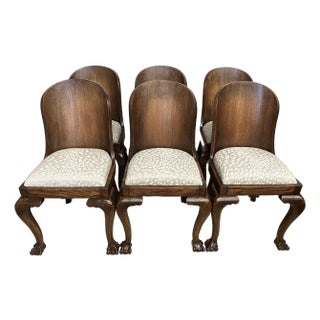 1930s Dutch Solid Oak Chairs W/Linen Seats - Set of 6 For Sale