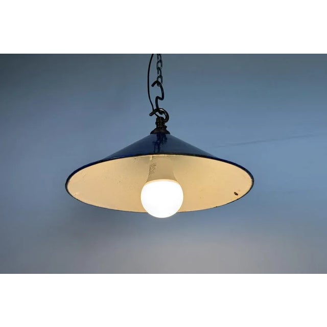 Blue British Industrial Blue Enamel Factory Pendant Lamp, 1950s For Sale - Image 8 of 15