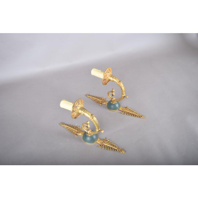 Gilded Brass Scroll-Arm Wall Sconces with Teal Details, 1950s, Set of 2 For Sale - Image 12 of 12