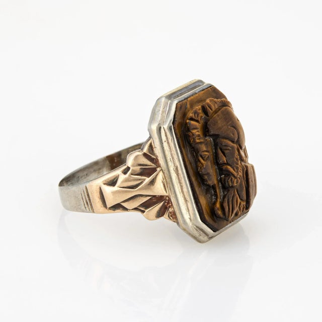 Art Deco Early 20th Century Vintage Art Deco Centurion Tigers Eye Cameo Ring, Sz 8.75 For Sale - Image 3 of 7