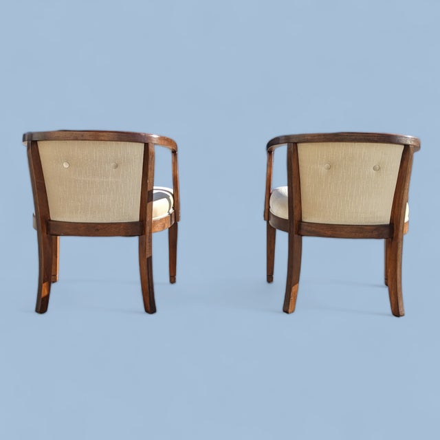 Wood Pair of Vintage Curved Wood and Upholstered Barrel Armchairs For Sale - Image 7 of 14