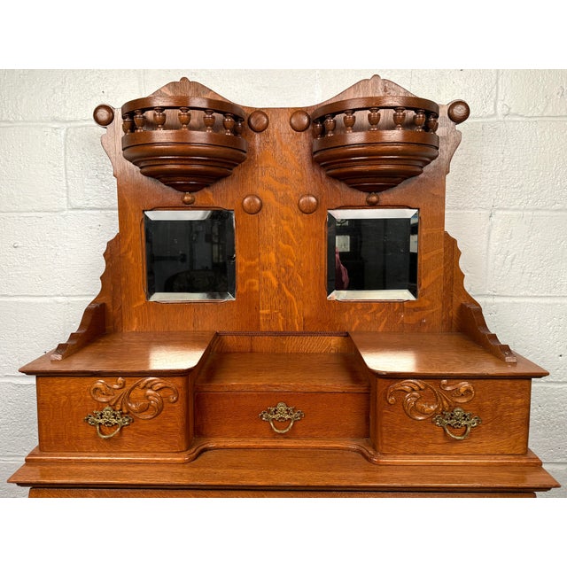Early 19th Century Victorian Antique Golden Oak Slant Front Secretary Desk Etagere For Sale - Image 4 of 16