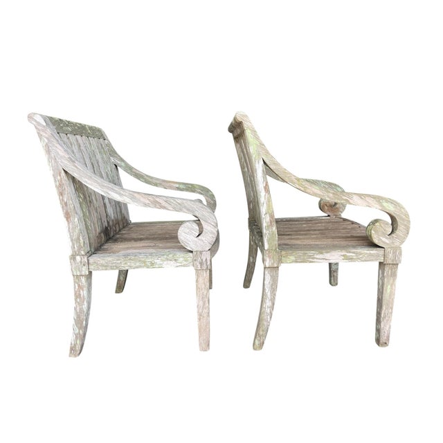 Late 20th Century Vintage Weathered Hardwood Scroll Arm Garden Chairs With Natural Patina, a Pair For Sale - Image 5 of 12