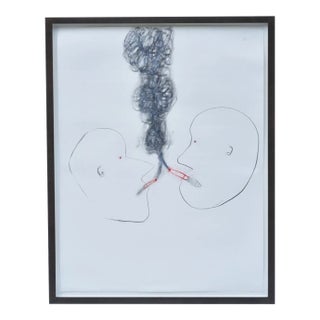 2005 Untitled (Two Men Smoking), Pencil and Crayon Drawing by Sindy Lutz, Framed For Sale