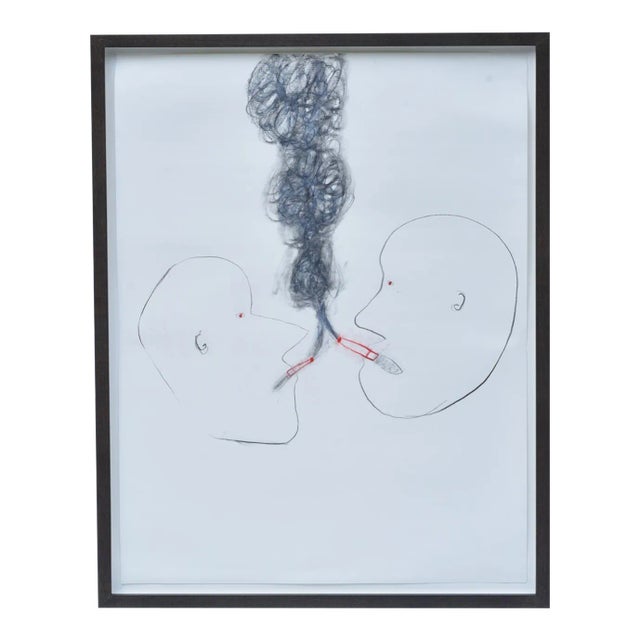 2005 Untitled (Two Men Smoking), Pencil and Crayon Drawing by Sindy Lutz, Framed For Sale