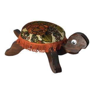 Mid Century Americana Folk Art Padded Upholstered Wood Turtle Footstool For Sale
