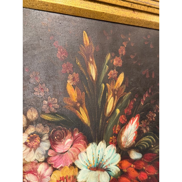 Still Life Floral Acrylic on Canvas Painting Antiqued Wood Frame Signed For Sale - Image 4 of 11