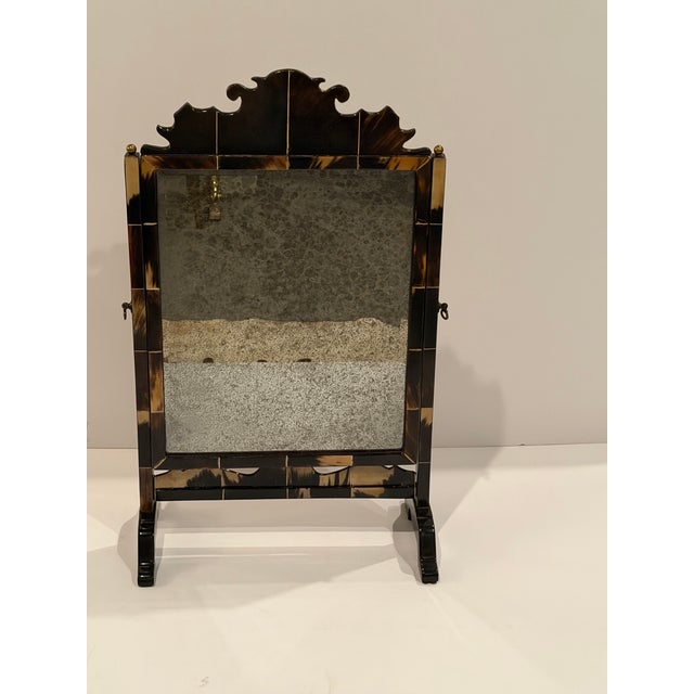 Elegant large table top horn , lacquered wood and aged mirror rectangular dressing mirror. Horn has the coloration of...