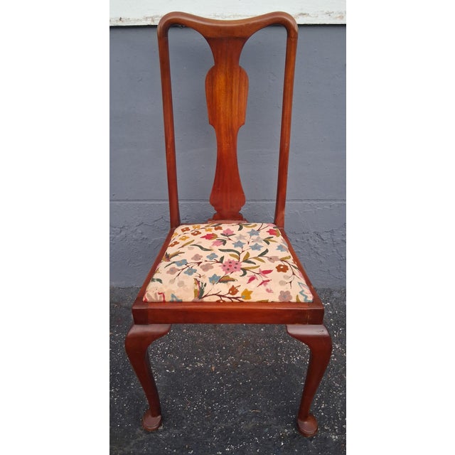 Brown 1950's Traditional Queen Anne Style Carved & Embroidered Dining Chairs Set of 6 For Sale - Image 8 of 18