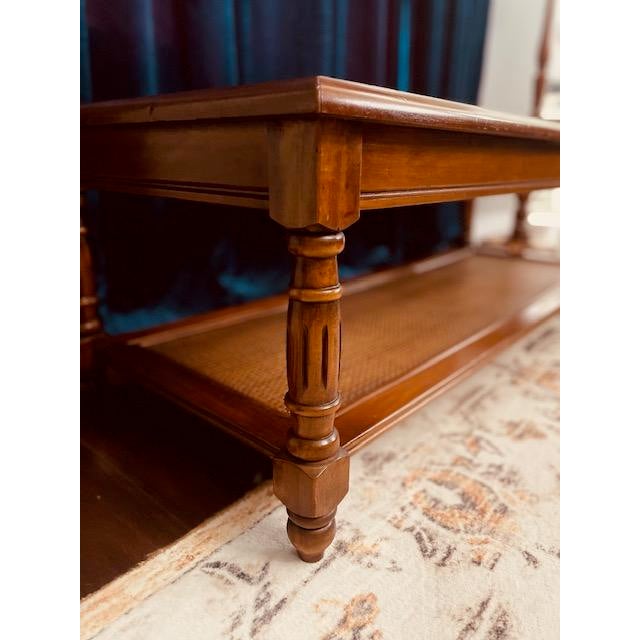 1970s Vintage Traditional Glass Top Coffee Table With Woven Cane Shelf For Sale - Image 5 of 7